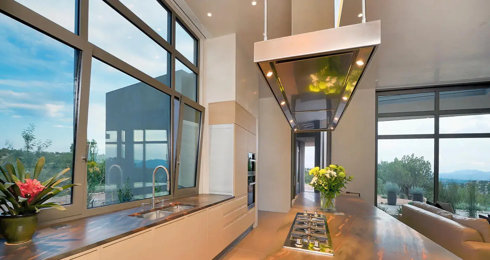 Modern kitchen with large windows. Order windows installation right now