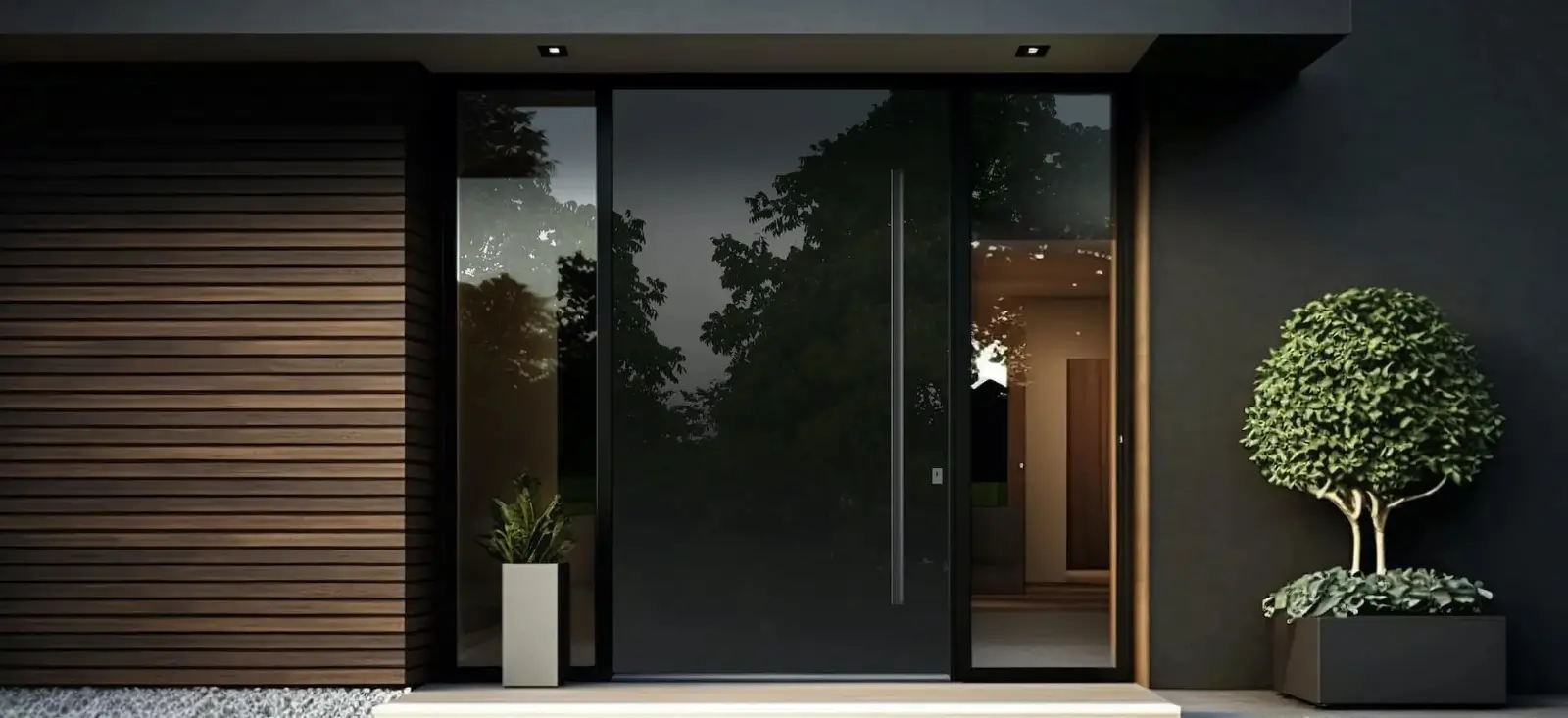 Design of a black tinted glass door with glass on the sides
